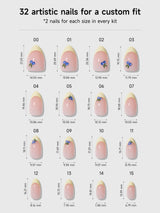 Chart showing 32 artistic nail sizes with measurements for a custom fit.