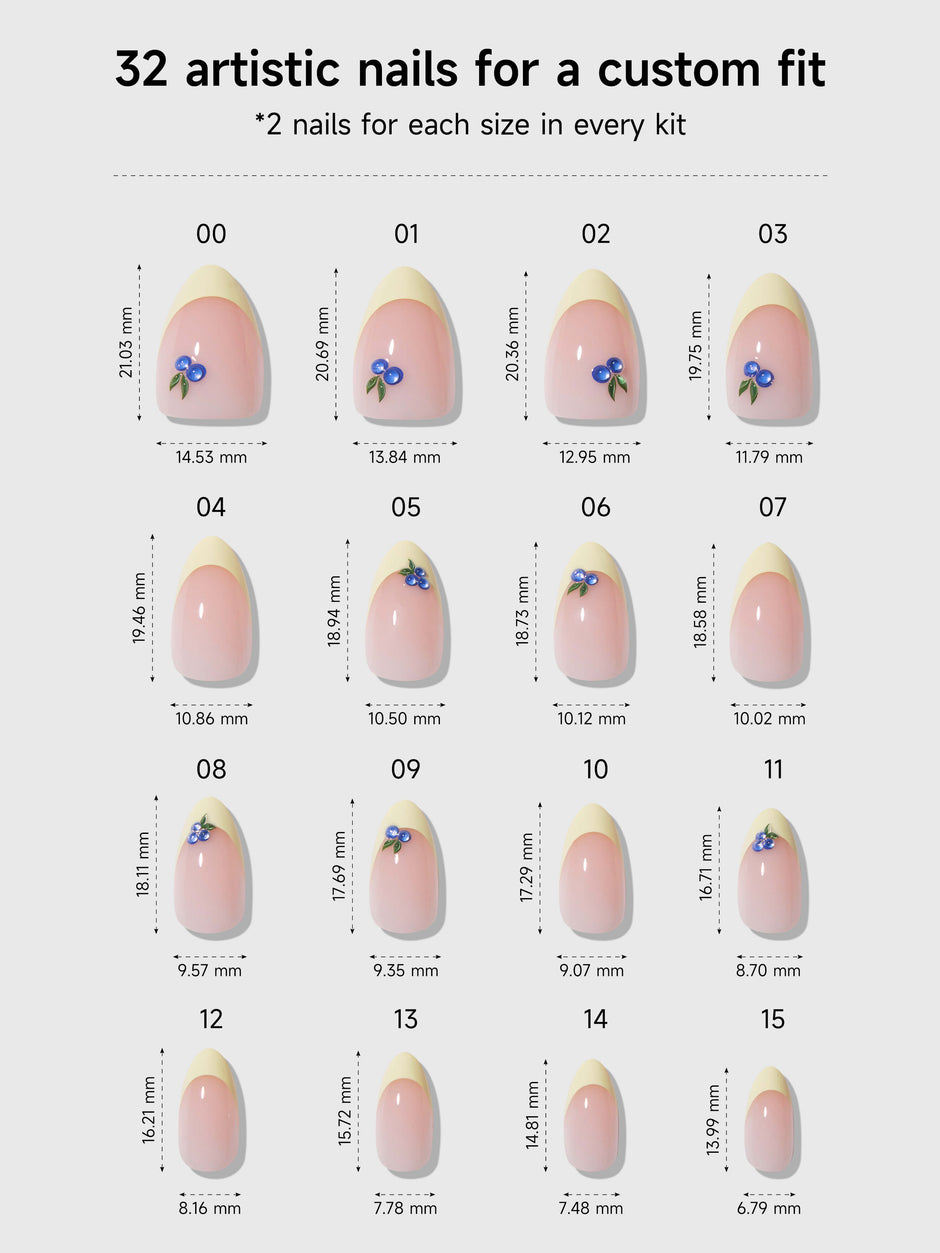 Chart showing 32 artistic nail sizes with measurements for a custom fit.
