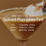 Spiced Pumpkin-Tini hand sanitizer cocktail with cinnamon sugar rim and scent notes labeled