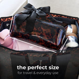 Tortoiseshell cosmetic bag with size measurements and product dimensions labeled