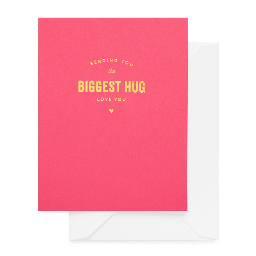 Pink card with yellow text 'Sending you the biggest hug, love you' on a white background