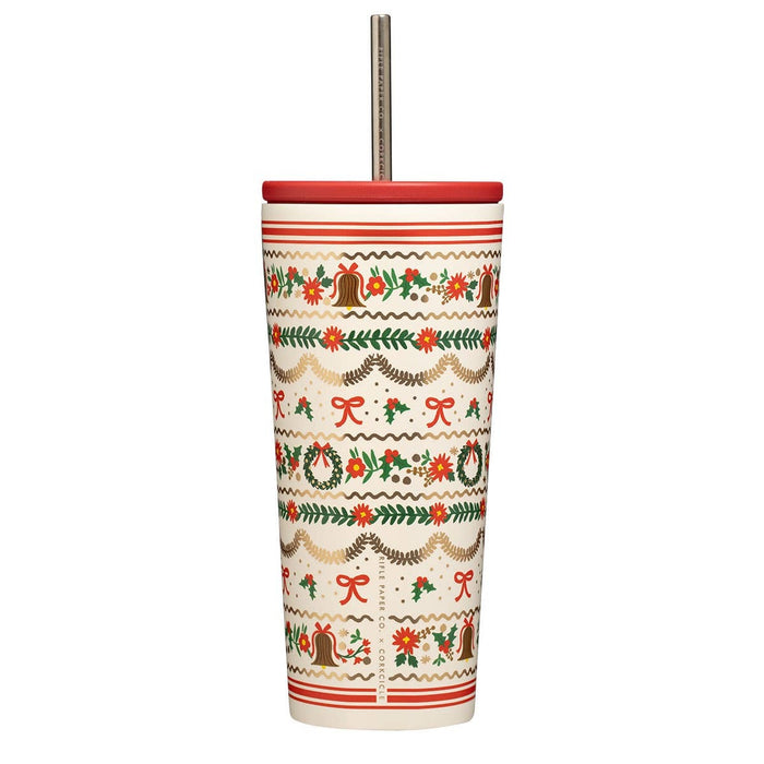 Corkcicle 24oz cold cup with Holly Jolly holiday design featuring red, green, and gold festive patterns and red lid with straw