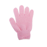 Pink exfoliating body gloves by Cait + Co on white background
