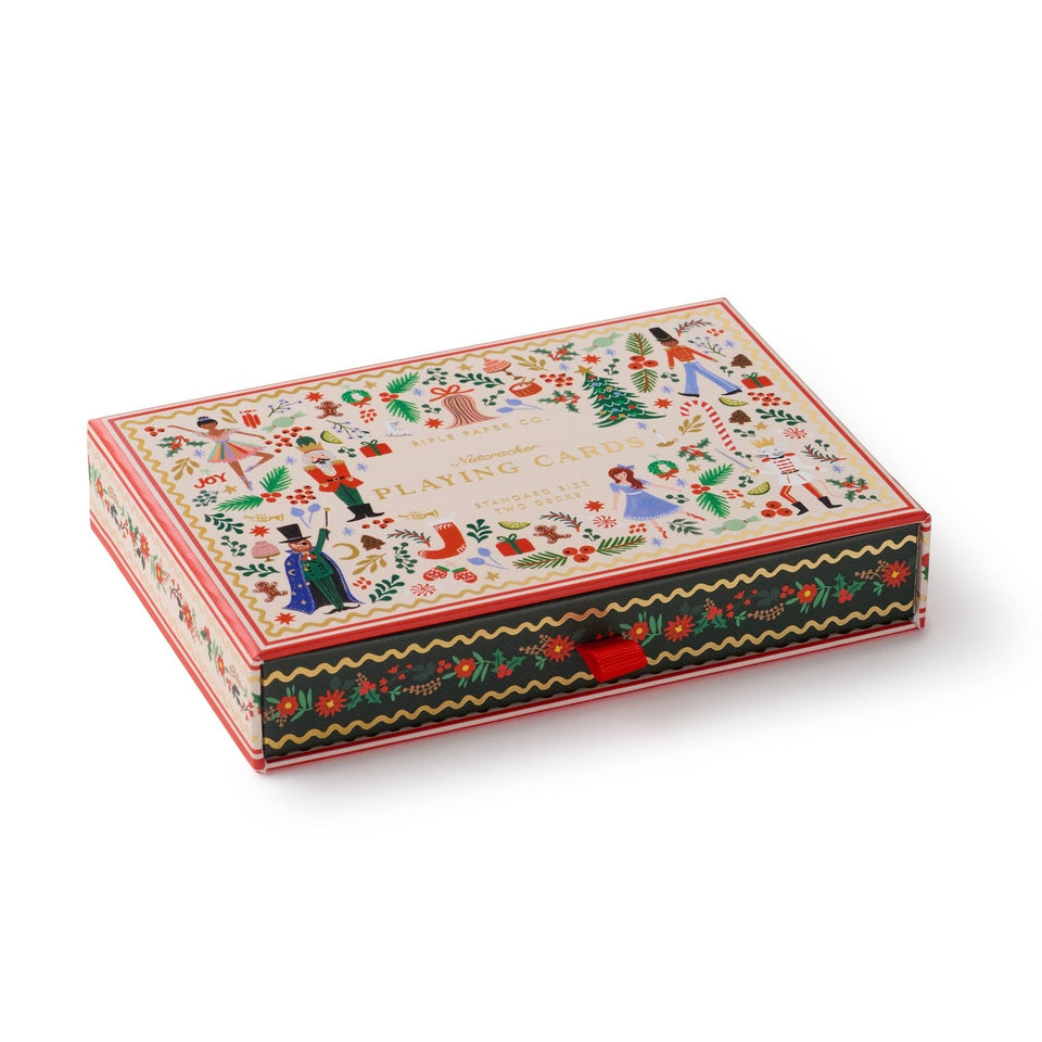 Rifle Paper Co. Holly Jolly Nutcracker playing card set in festive decorative box with holiday illustrations