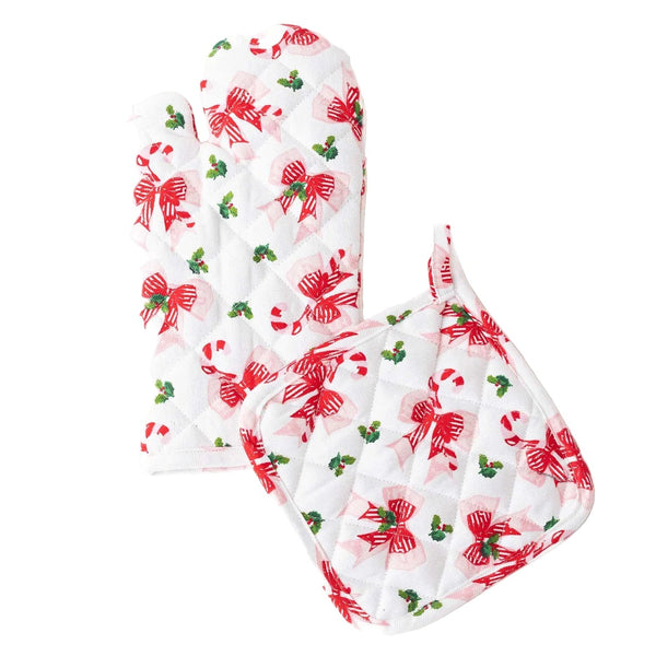 Holly Jolly Bows oven mitt set with red bows and green holly on white background