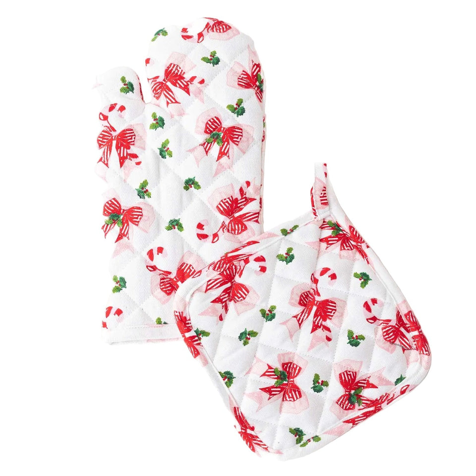 Holly Jolly Bows oven mitt set with red bows and green holly on white background