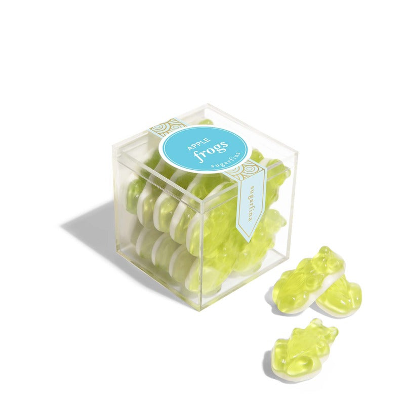 Sugarfina Apple Frogs gummy candy in clear cube box with blue label on white background