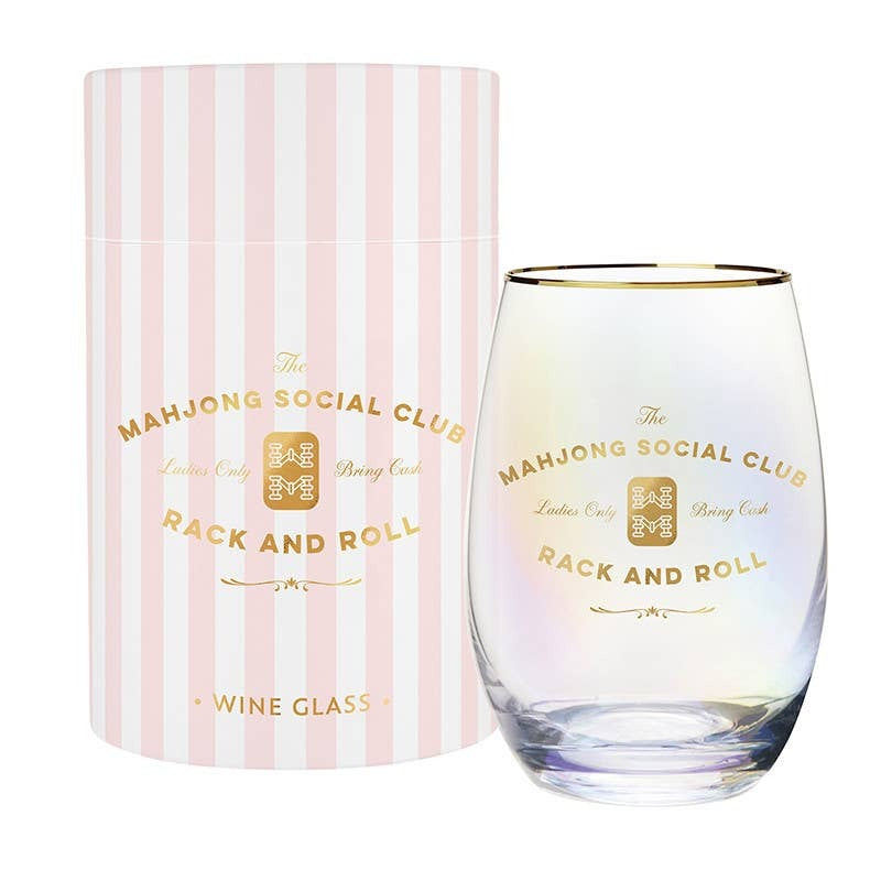 Gold foil stemless wine glass with Mahjong Social Club design and pink striped gift box packaging