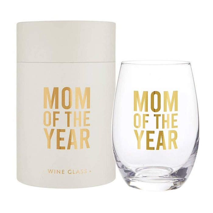 Mom of the Year stemless wine glass with cream gift box packaging