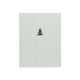 Christmas card with green striped pattern and dark green tree with gold star on white background