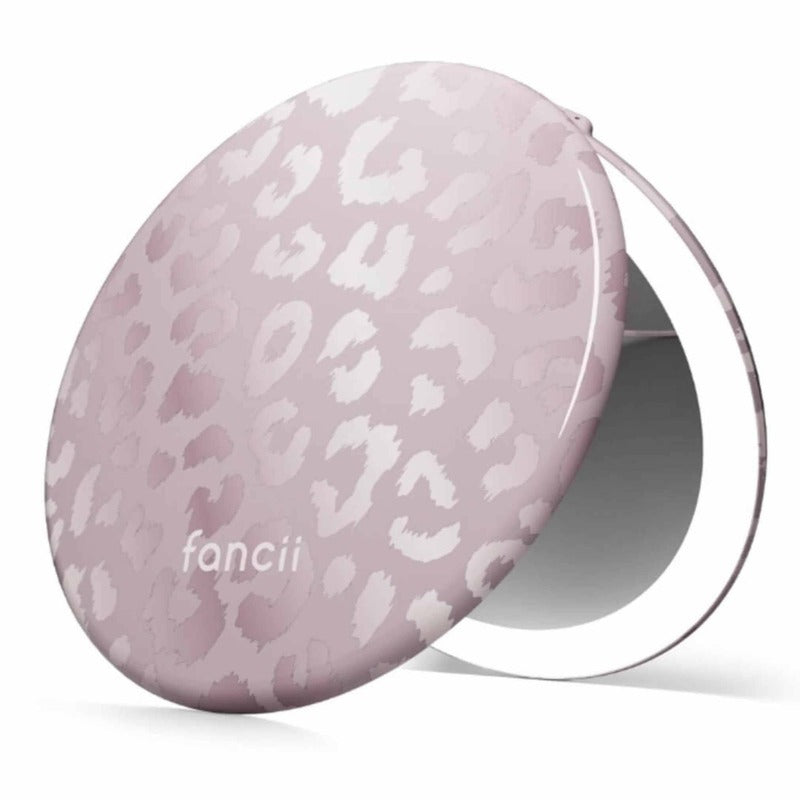 FANCII Taylor 5-inch LED Compact Mirror in Cosmic Leopard pink pattern with open case