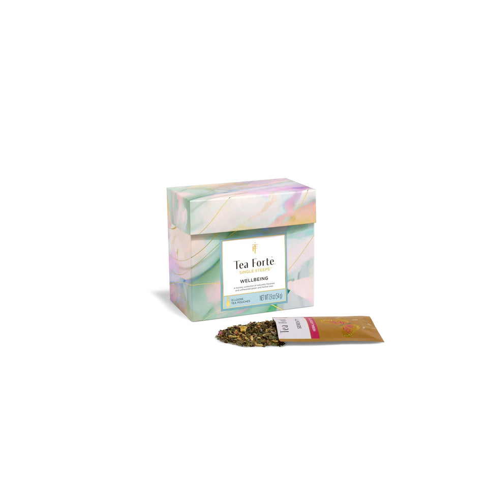 Tea Forte Wellbeing Single Steeps Sampler box with loose tea pouches on white background
