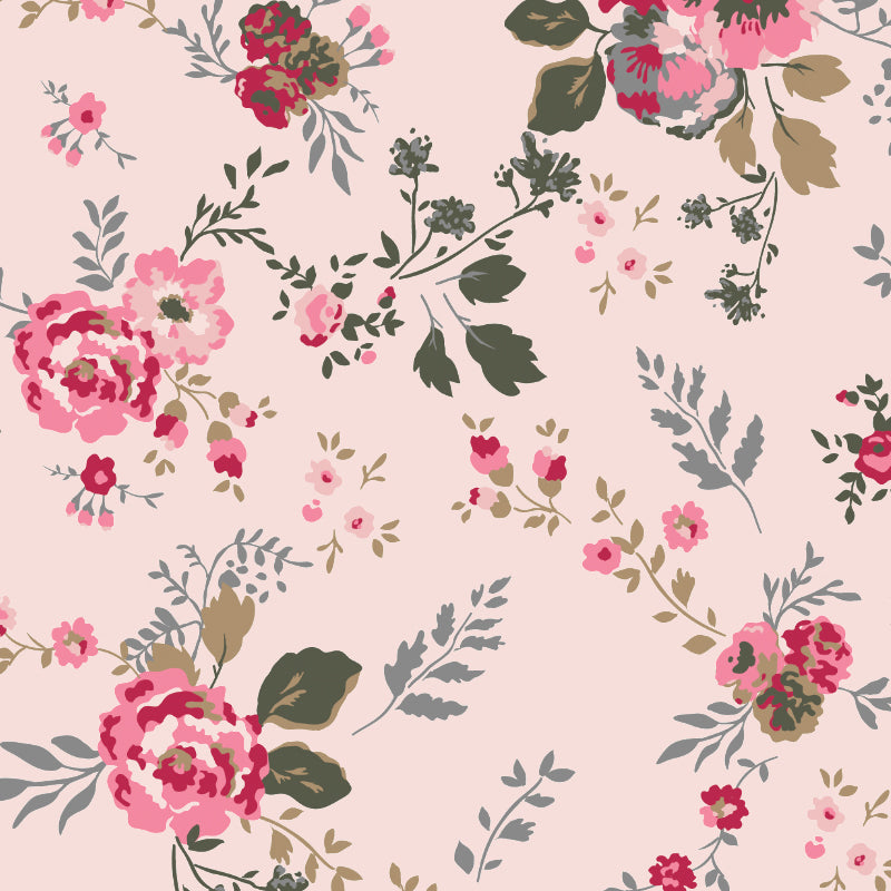 Floral pattern with pink and green flowers on a light pink background