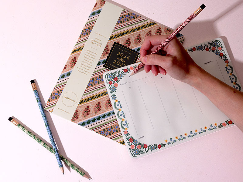 Floral desk planner and pencil, pretty desk accessories for college organization