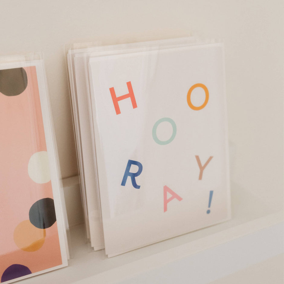 Hooray Letters Card with colorful alphabet letters and polka dot design card displayed