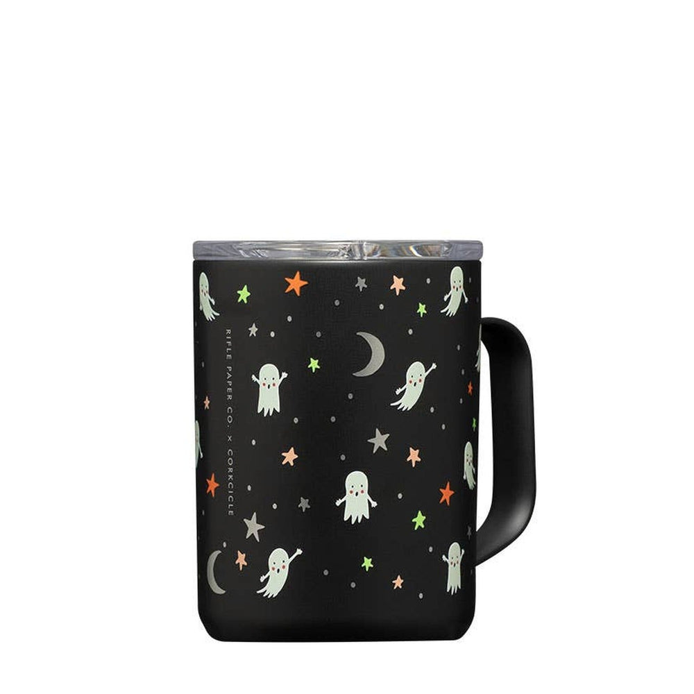 Corkcicle 16oz insulated mug with Rifle Paper ghosts and stars pattern on black background