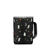 Corkcicle 16oz insulated mug with Rifle Paper ghosts and stars pattern on black background