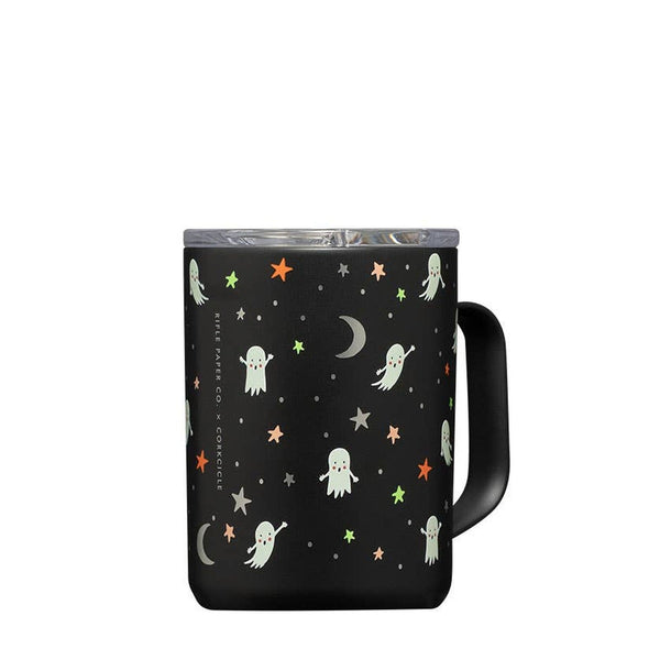 Corkcicle 16oz insulated mug with Rifle Paper ghosts and stars pattern on black background