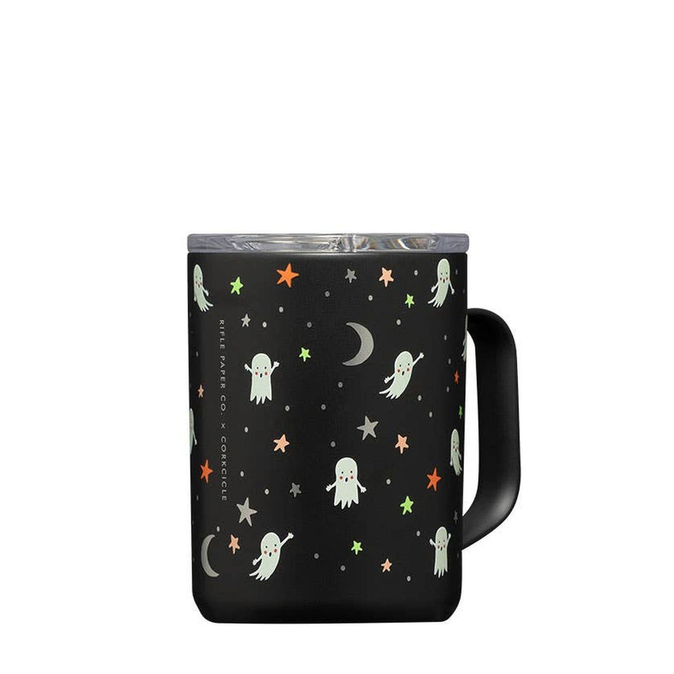 Corkcicle 16oz insulated mug with Rifle Paper ghosts and stars pattern on black background