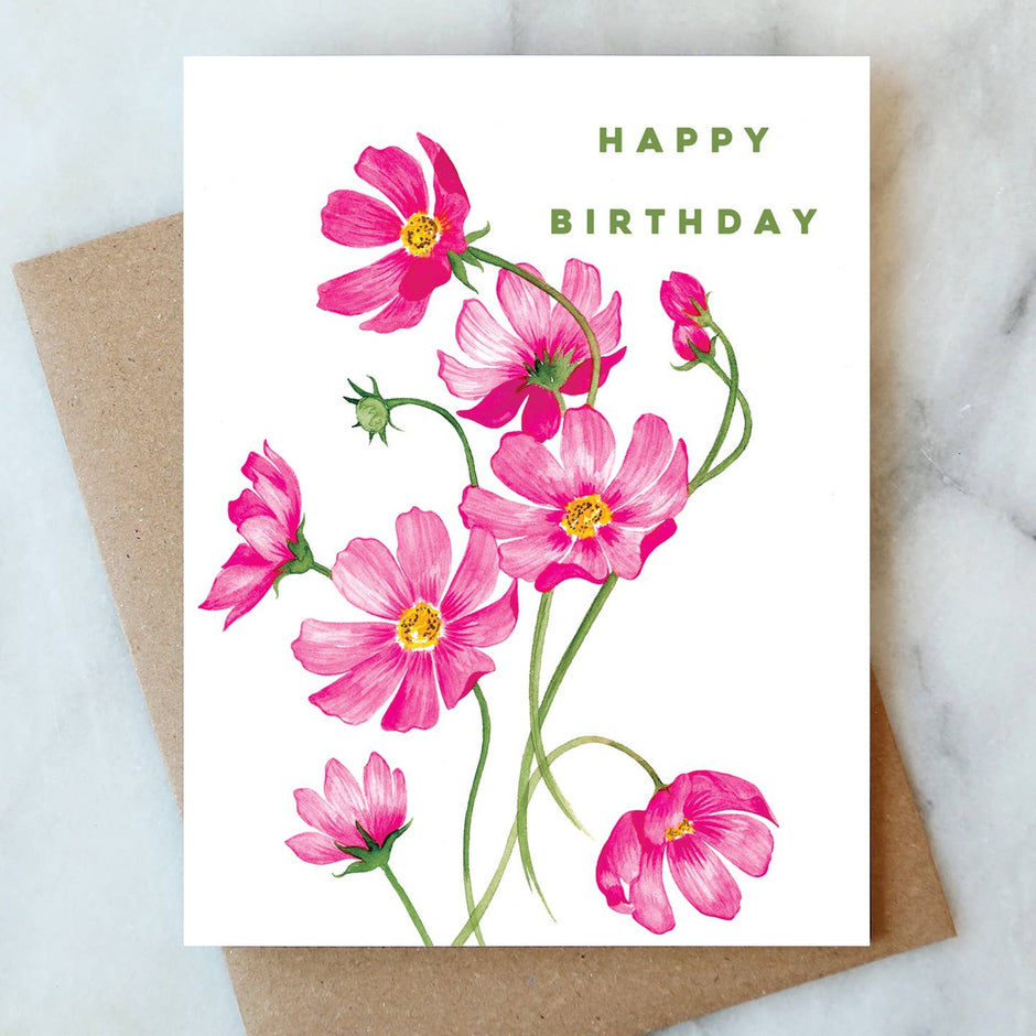 Cosmos Birthday Greeting Card with pink flowers and green text on white background