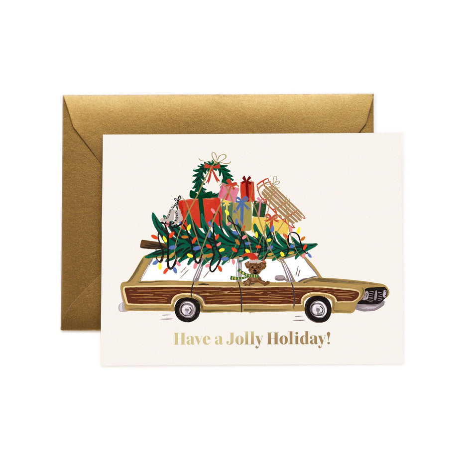Rifle Paper Co. Jolly Holiday Wagon greeting card with gold envelope featuring festive station wagon illustration