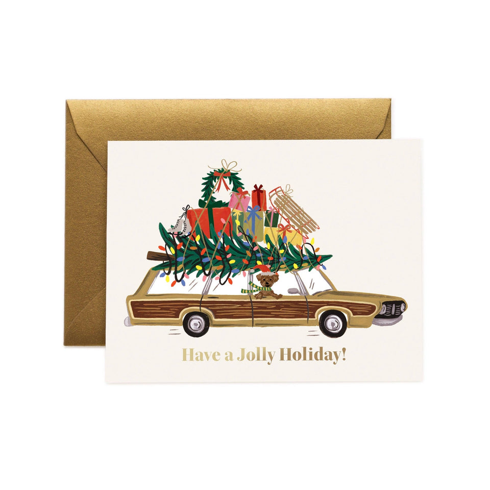 Rifle Paper Co. Jolly Holiday Wagon greeting card with gold envelope featuring festive station wagon illustration