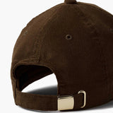 Brown ribbed baseball cap with back strap and metal buckle closure, shown from rear angle