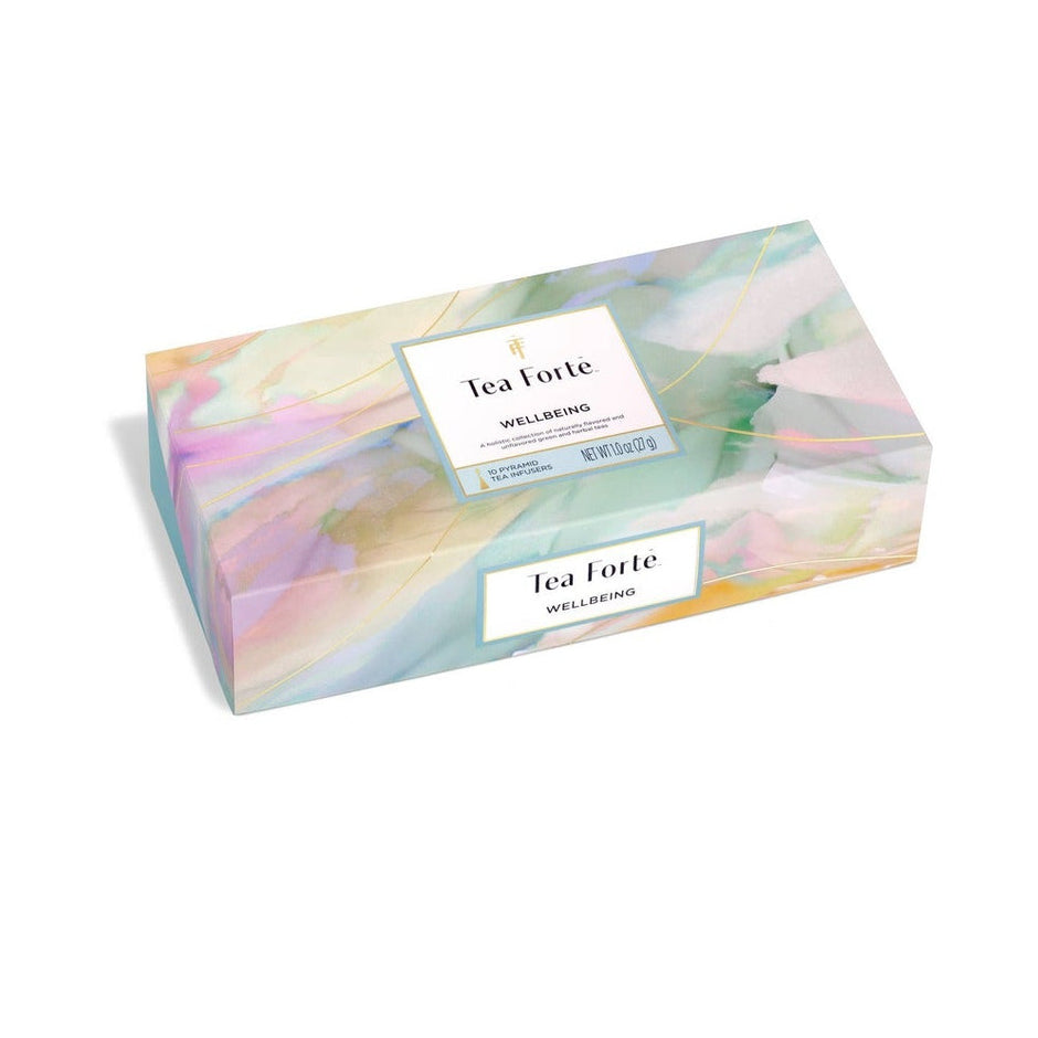 Tea Forte Wellbeing Petite Presentation Box with iridescent holographic packaging design