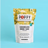 POPPY Caramelized Onion + Sage hand-crafted popcorn 3oz bag on blue background