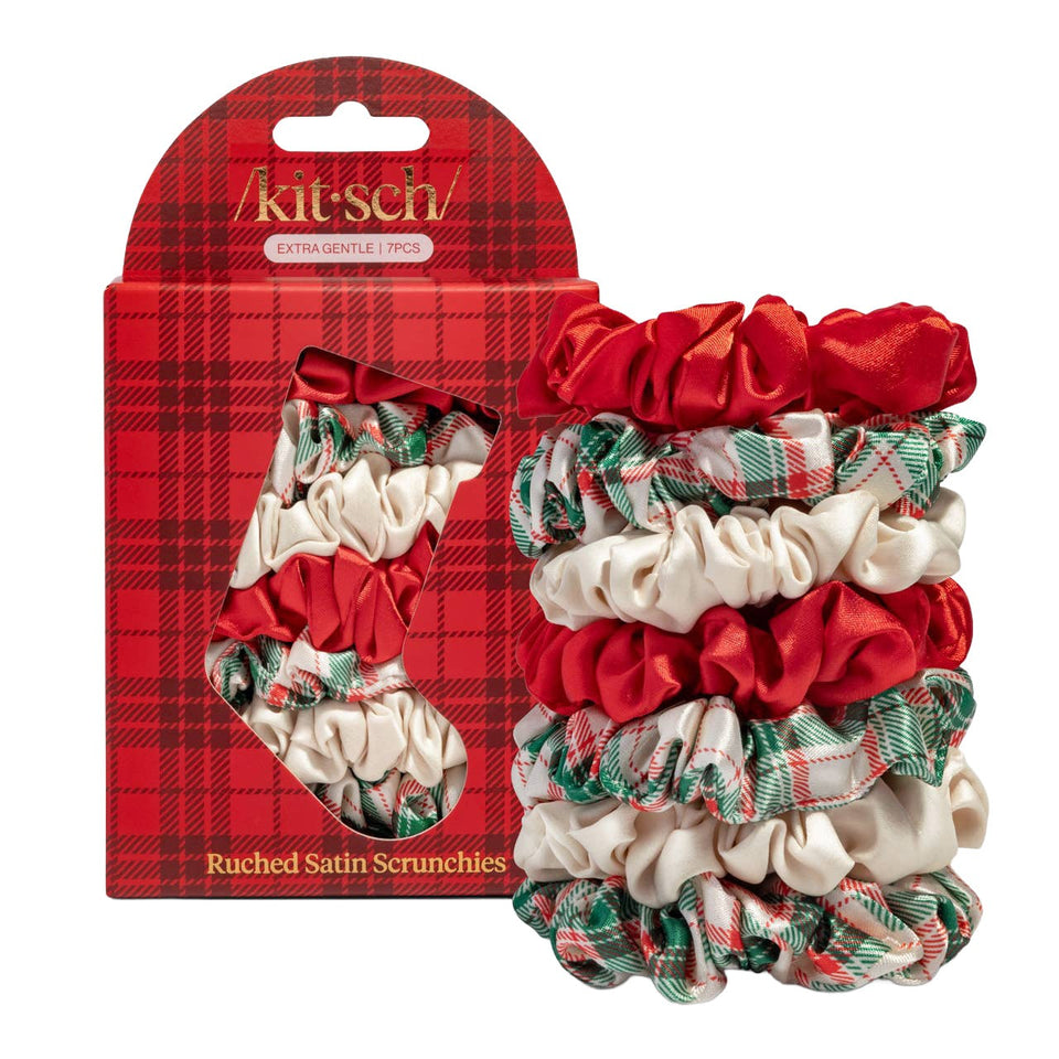 Kitsch Holiday Ruched Satin Scrunchies 7-piece set in red, cream, and green plaid on white background
