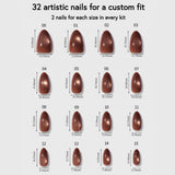 32 Cinnamon Powder press-on nails in sizes 00-15 with measurements for custom fit