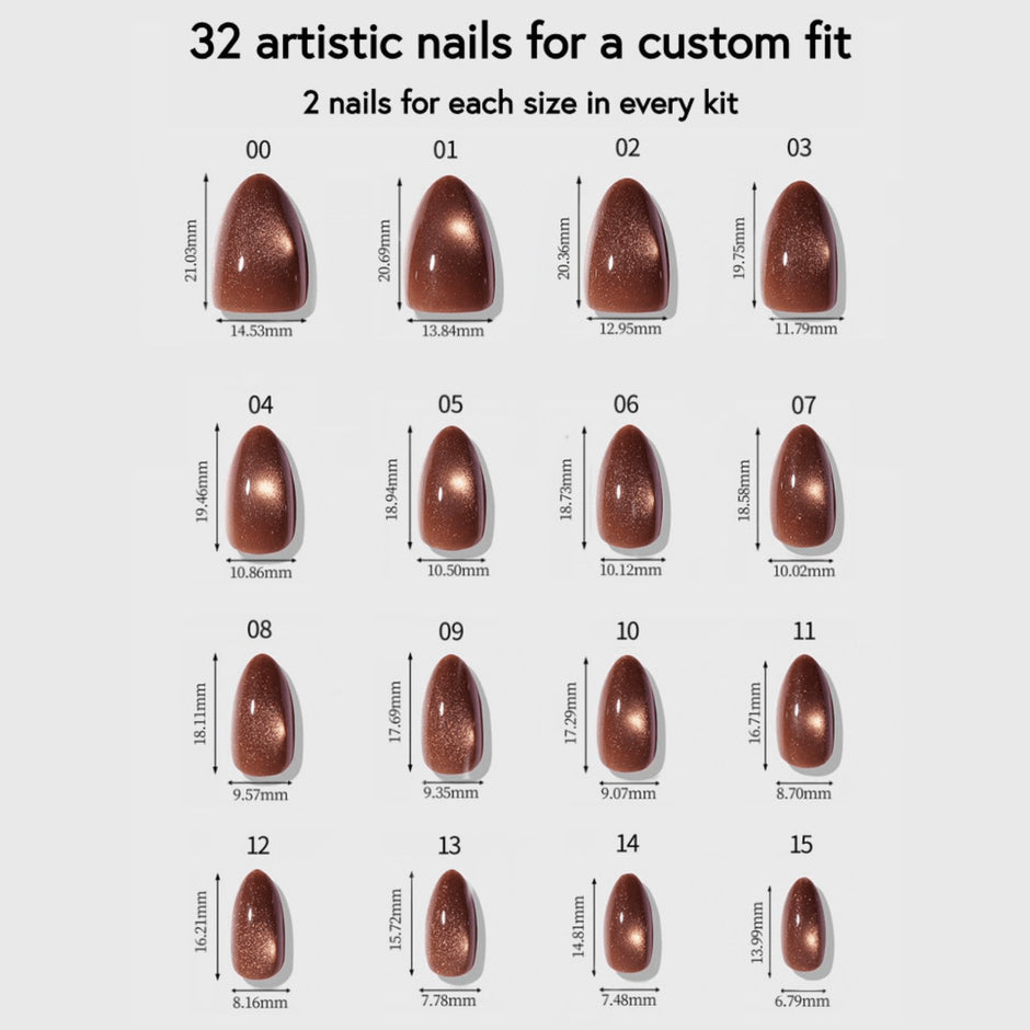 32 Cinnamon Powder press-on nails in sizes 00-15 with measurements for custom fit