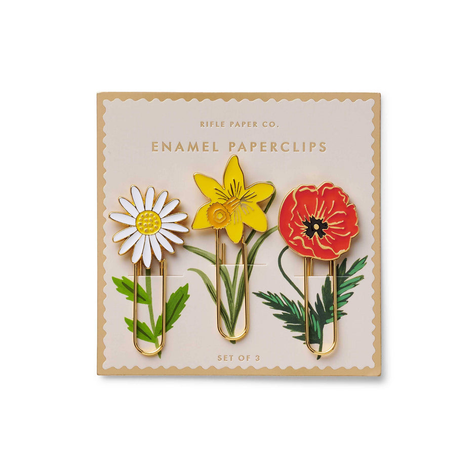Set of three floral enamel paperclips on a Rifle Paper Co. card.