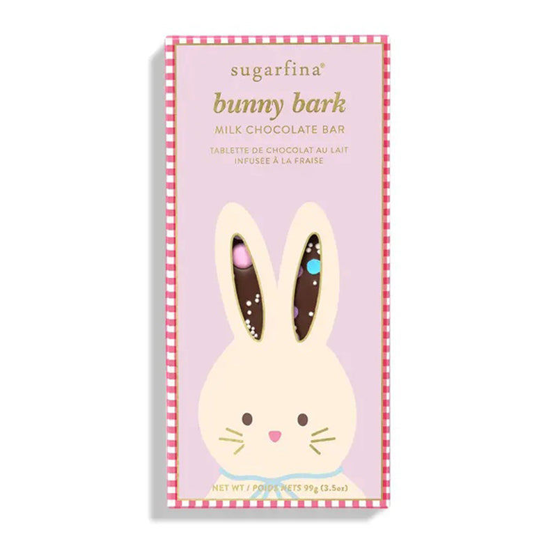 Sugarpina bunny bark chocolate bar packaging with a pink checkered border and bunny illustration.