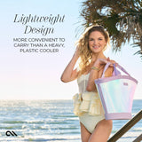 Lightweight design cooler tote held by woman at beach with text overlay highlighting convenience