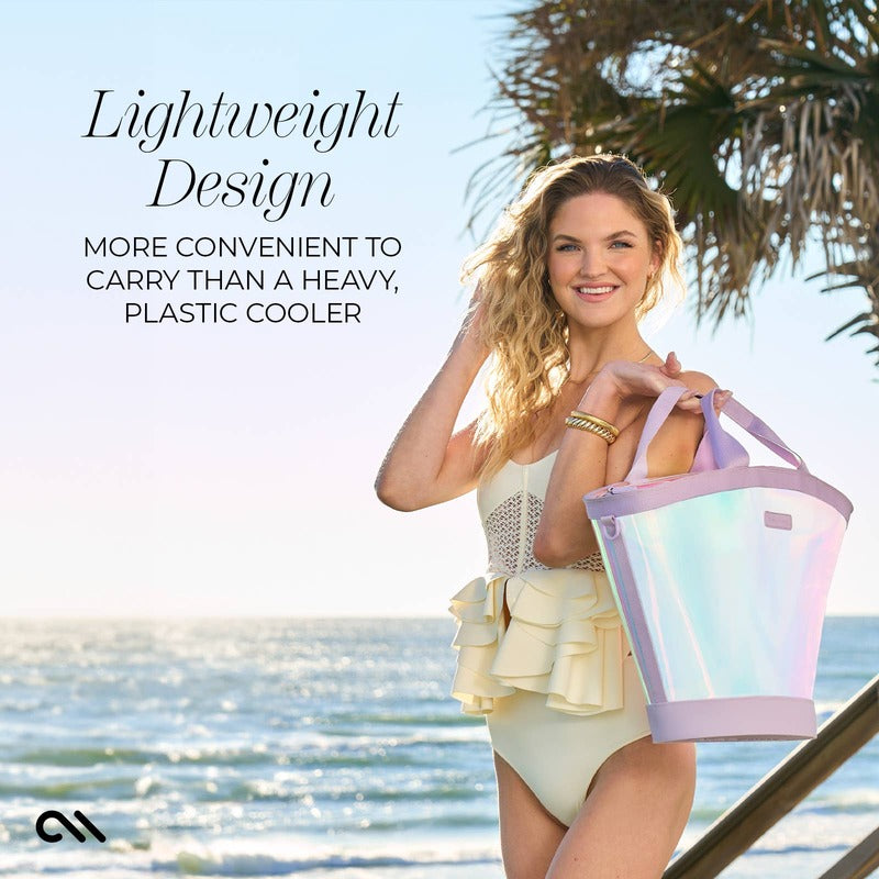 Lightweight design cooler tote held by woman at beach with text overlay highlighting convenience
