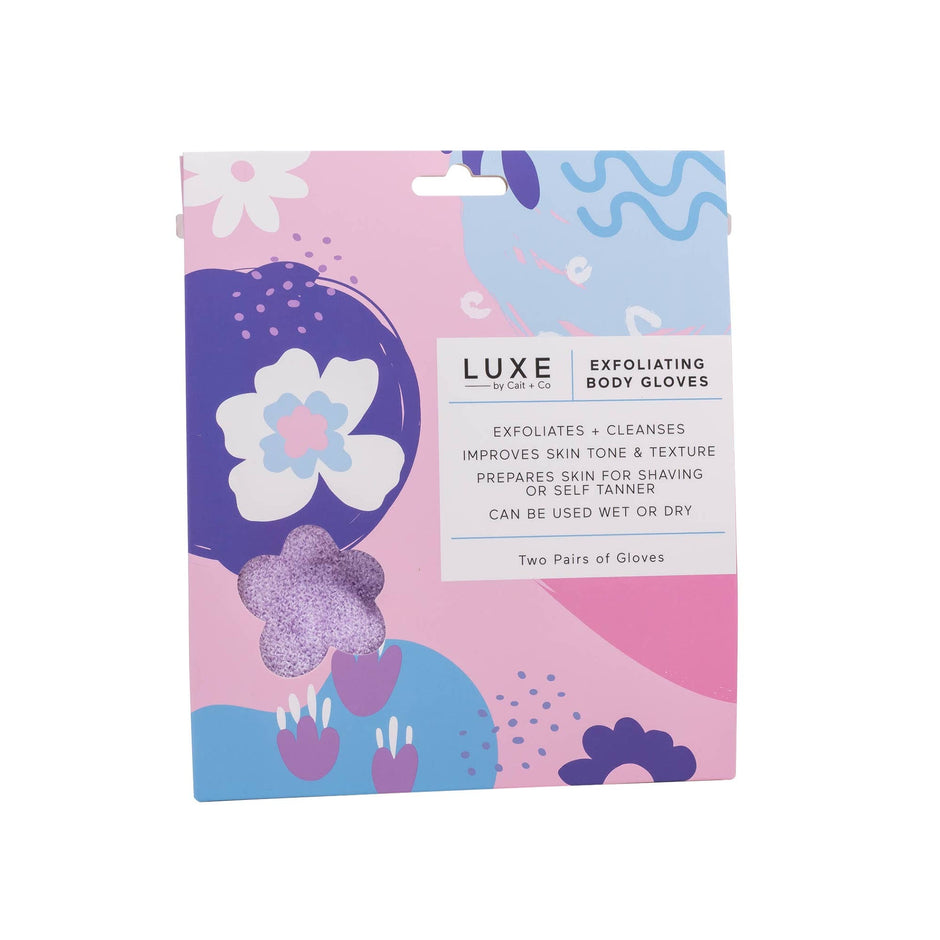 LUXE Exfoliating Body Gloves packaging by Cait + Co with product details and benefits