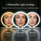 Ring light mirror with 3 adjustable color settings: warm, daylight, and neutral tones