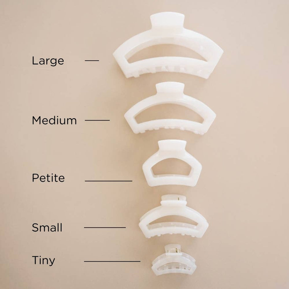 TELETIES hair clip size guide showing Large, Medium, Petite, Small, and Tiny options