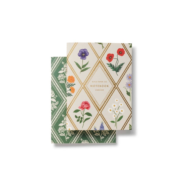 Rifle Paper Co. Garden Study pocket notebooks set with floral botanical illustrations on cream and green covers