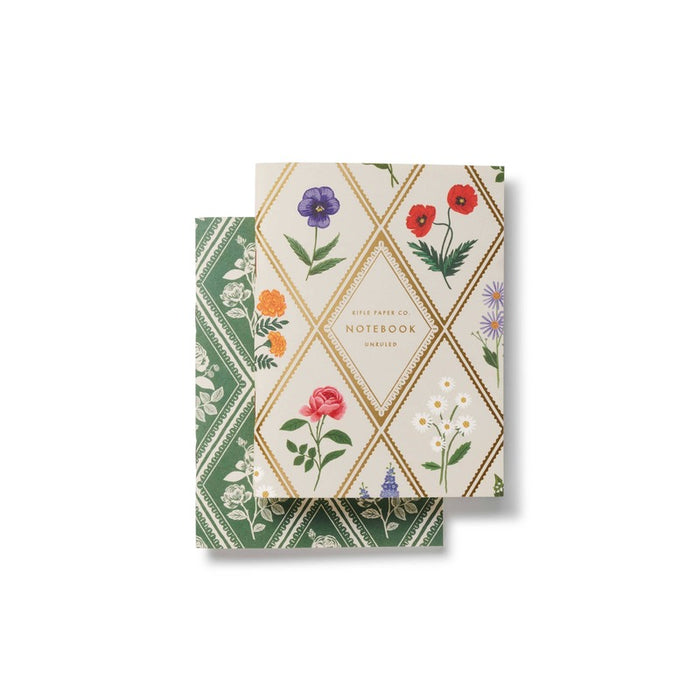 Rifle Paper Co. Garden Study pocket notebooks set with floral botanical illustrations on cream and green covers