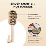 Tan vented hair brush with quick-heat plate and removable cleaner features explained