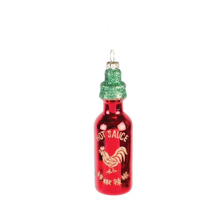 Red glass hot sauce bottle ornament with green glitter cap and rooster design