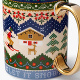 Rifle Paper Co. Ski Chalet porcelain mug with gold handle and festive winter-themed design