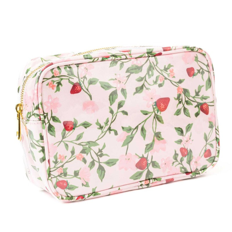 Pink floral cosmetic case with strawberry botanical print and gold zipper by 8 Oak Lane