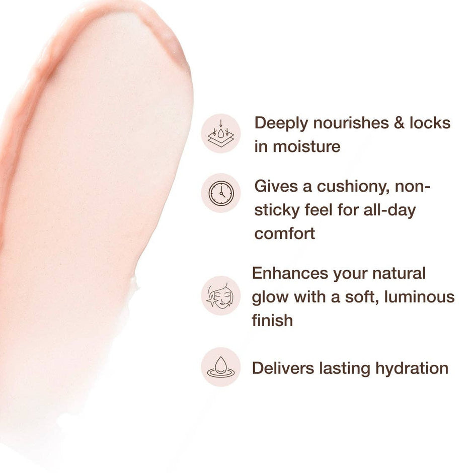 Sara Happ Glow Balm melting lip butter with key benefits: nourishing moisture, cushiony feel, luminous glow, lasting hydration