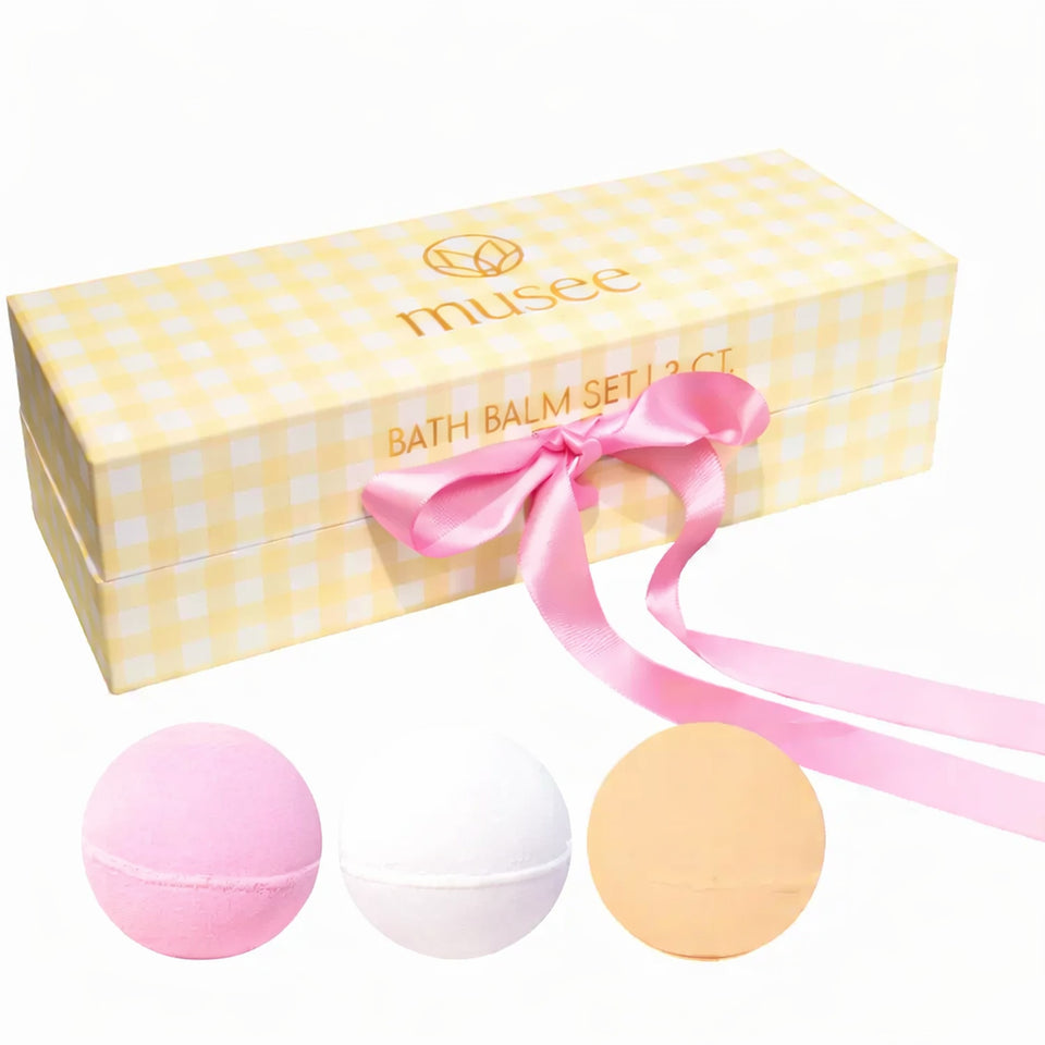 Musee Gingham Three Balm Set with pink, white, and peach bath balms in yellow checkered gift box