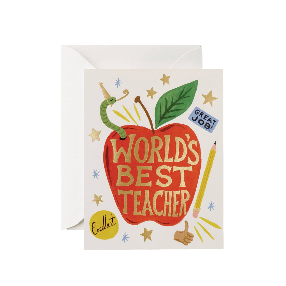 Rifle Paper Co. World's Best Teacher greeting card with red apple and celebratory illustrations