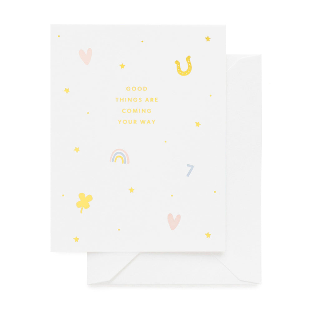 Greeting card with 'Good things are coming your way' text and decorative elements on a white background
