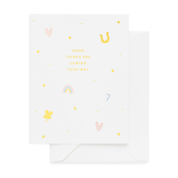 Greeting card with 'Good things are coming your way' text and decorative elements on a white background